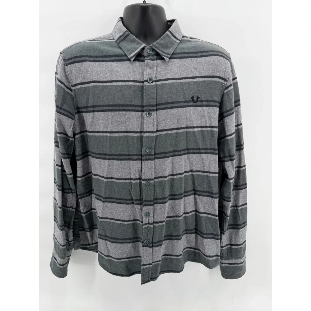 True Religion Mens Large Gray Striped Long Sleeve‎ Button Down Shirt Shipyard